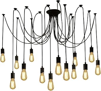 Fuloon Vintage Edison Multiple Ajustable DIY Ceiling Spider Lamp Light Pendant Lighting Chandelier Modern Chic Industrial Dining with Romote Control 14 Head Cable 200cm/78.7inch Each