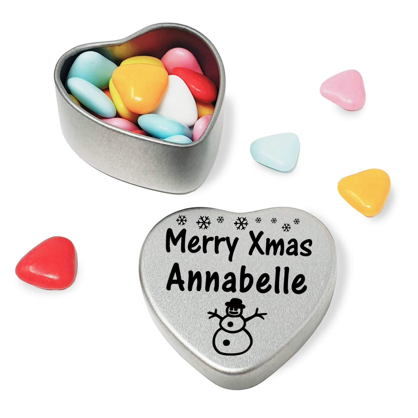 Gift In Can LtdGift In Can Merry Xmas Annabelle Heart Shaped Mini Tin Gift filled with mini coloured chocolates perfect christmas card alternative for Annabelle Fun Festive Snowman Design