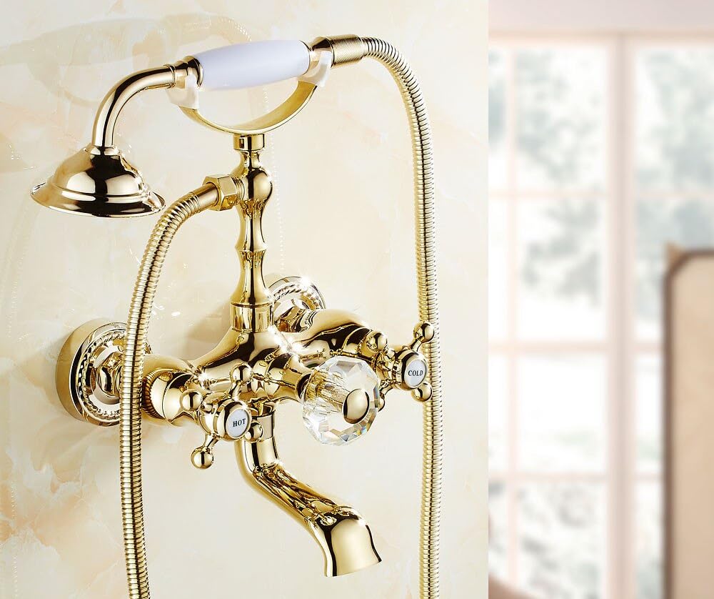 Robinet de baignoire or avec douchette téléphone et mitigeur mural luxe
