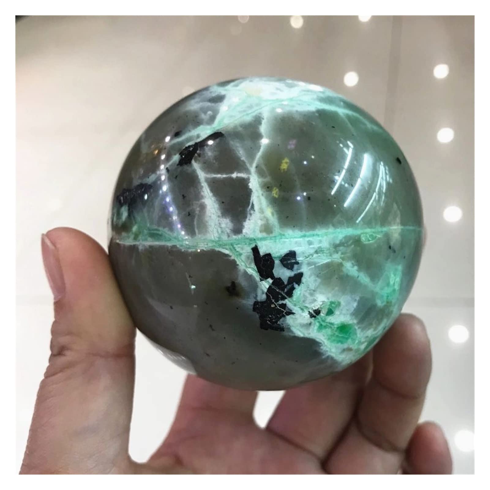 decoración de la habitación Pulido Bola de luz de luna verde Cristal natural Piedras decorativas Esfera Una perla luminosa legendaria Joyas preciosas preciosas Piedras de cuarzo ( Size : 7-8cm )