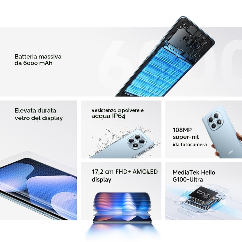 XIAOMI REDMI Note 15 8 GB + 256 GB, Smartphone AMOLED 6,77 pollici 120 Hz, MTK G100-Ultra, 108 MP + 20 MP, 6000 mAh, Turbo Charge 33 W, nero (senza caricatore incluso)