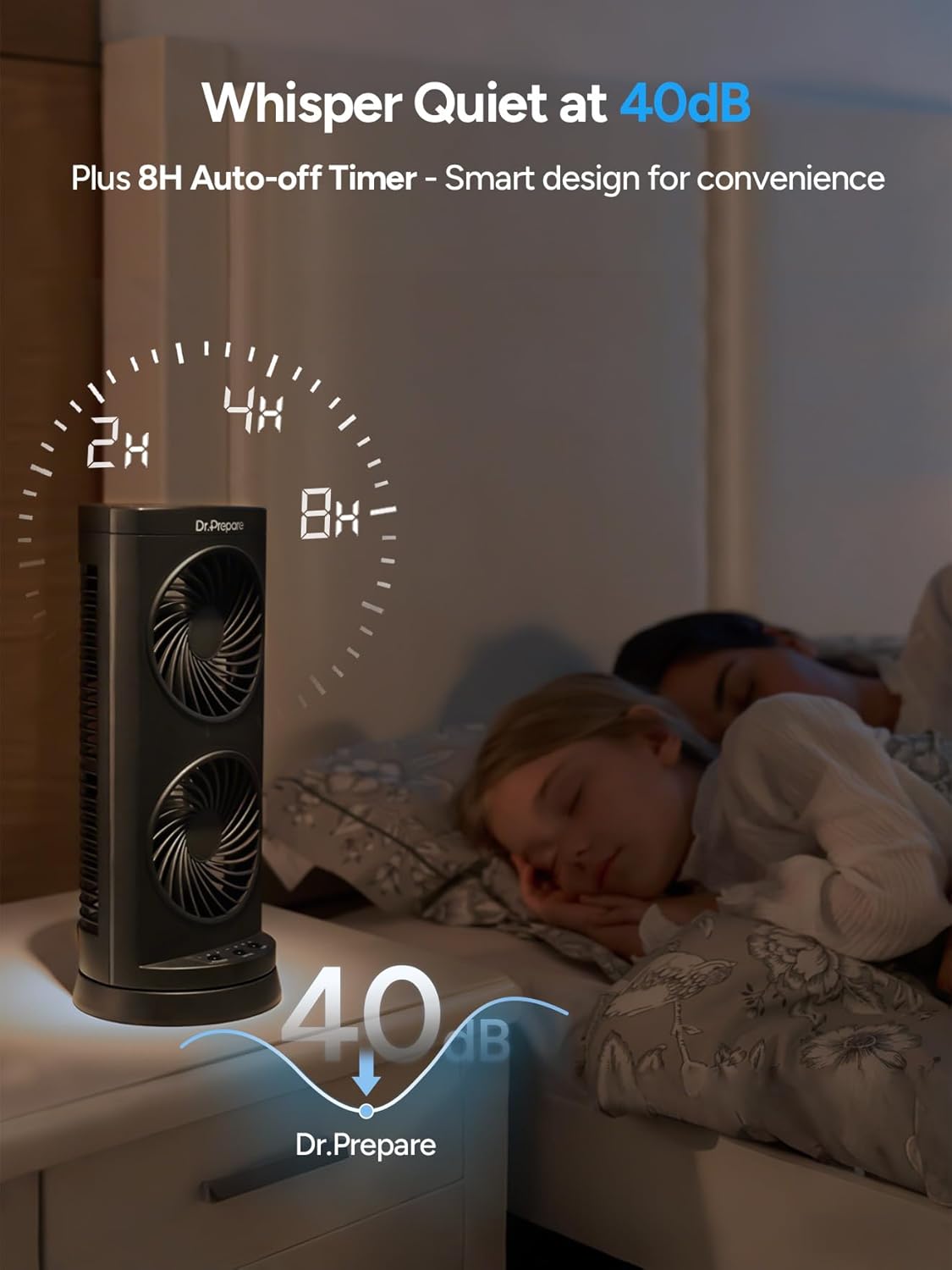 Dr. Prepare Tower Fan DC Oscillating Fan, Portable Desk Fan with 3-Speed Options, Dual Air Circulation, 110° Oscillation, 3 Timers, Personal Quiet Table Fan for Home Office Desktop Bedroom, 13 inch