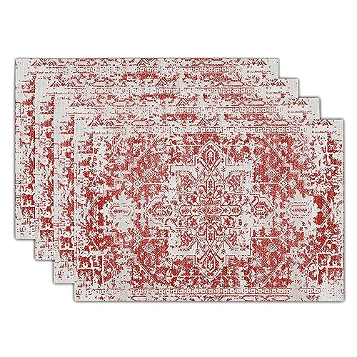 Image of Gray Red Boho Placemats Set of 4 Ethnic Bohemian Carpet Place Mats Washable Kitchen Dining Vintage Grey Geography Floral Linen Table Mats Stain Heat-Resistant Cloth Tabel for Home Party 12x18 in