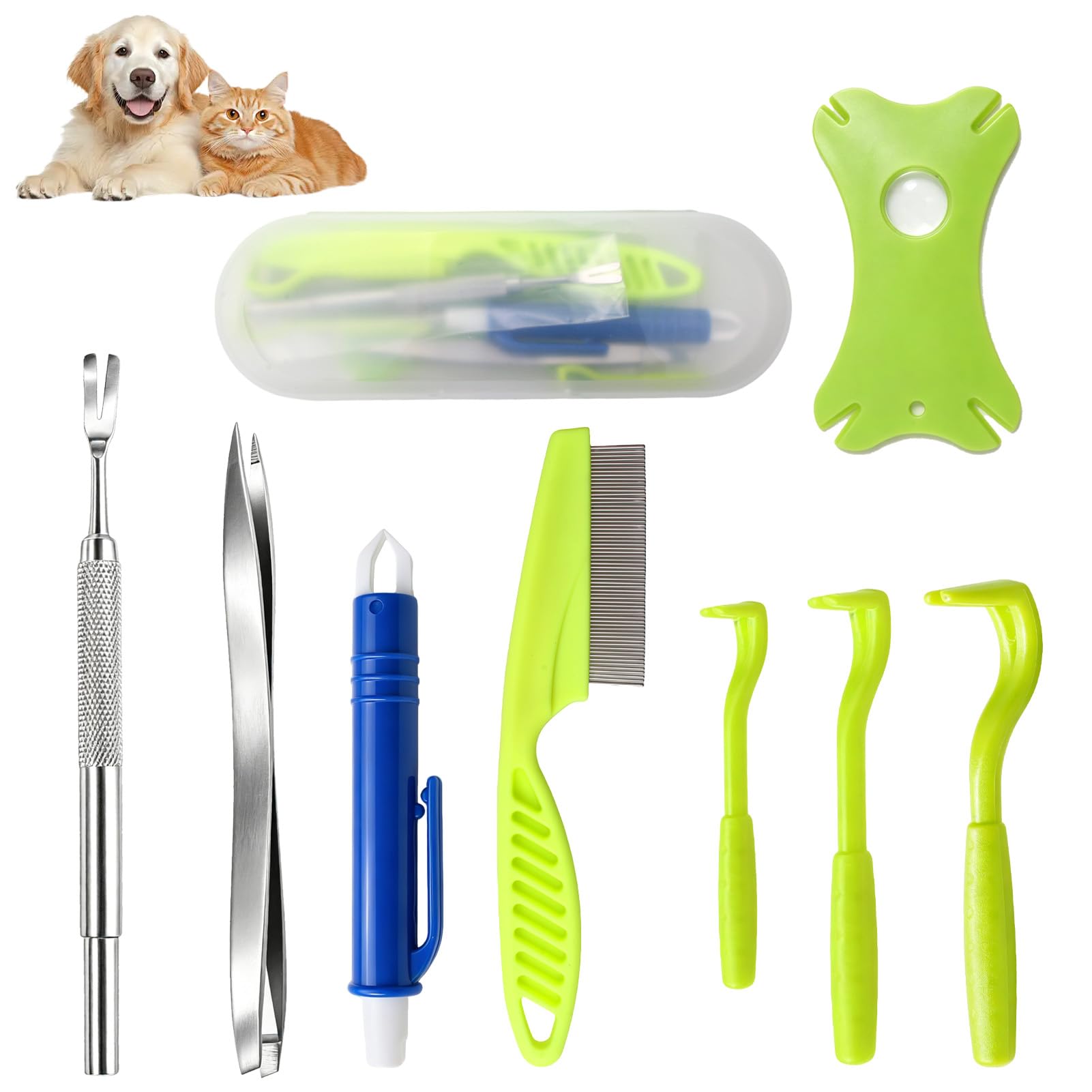 Zeckenzange 9 In 1 Set Mit Etui, Zeckenhaken und Zeckenkarte Komplettset für Hunde Katze Mensch, Zeckenpinzette und Zeckenschlinge zur Sicheren Zeckenentfernung