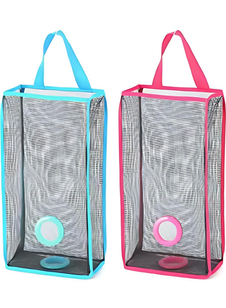 Plastic Bag Dispenser with Handle, Transparent Storage Container for Shopping Bags, Set of 2, Blue and Red-image-31