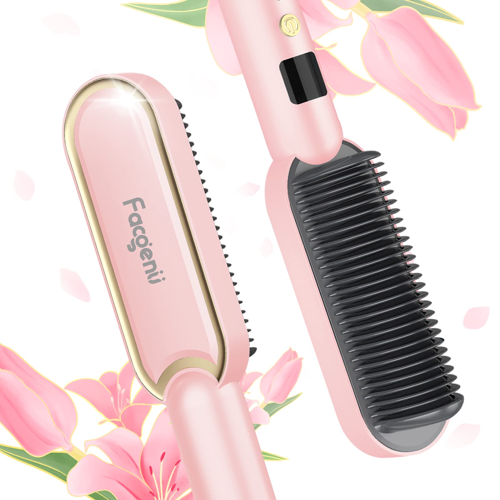Ionic Hair Straightener Brush and Curler 2-in-1 Flat Iron for Hair Straightening Curling,20s Fast Heating,Anti Scald & Frizz,Auto Off,Dual Voltage,for All Hair Types Makes Shiny, Pink