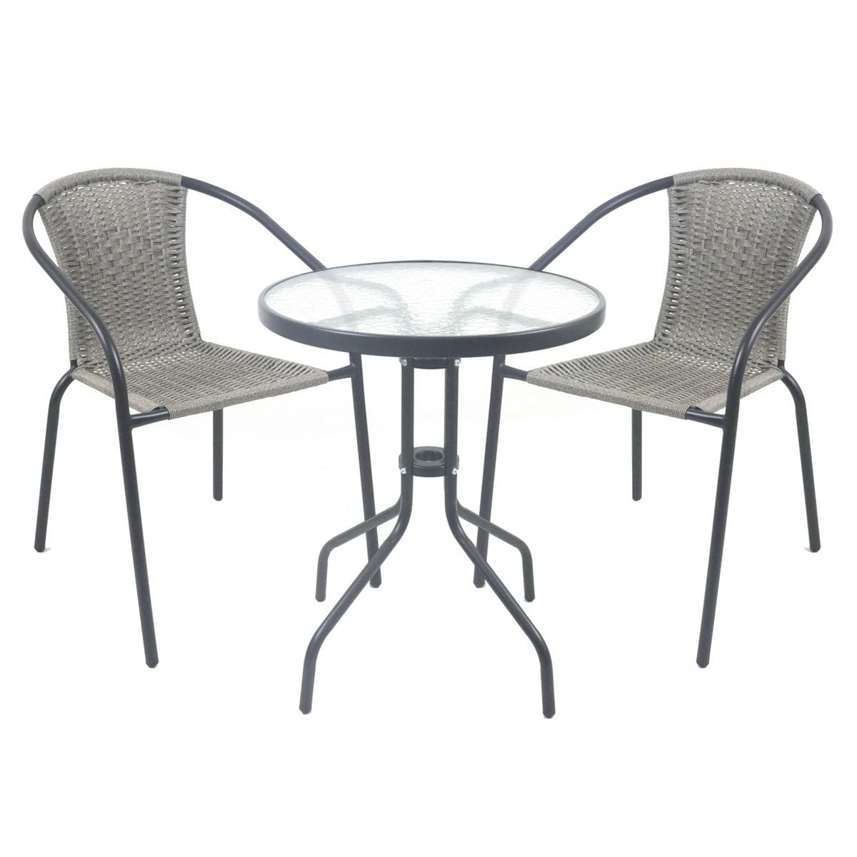 LOLAhome | Conjunto Jardín y Exterior 1 Mesa y 2 Sillas | 2 Sillones Apilables Ratán Gris | Mesa de Cristal y Acero para Balcón o Terraza | Trivia
