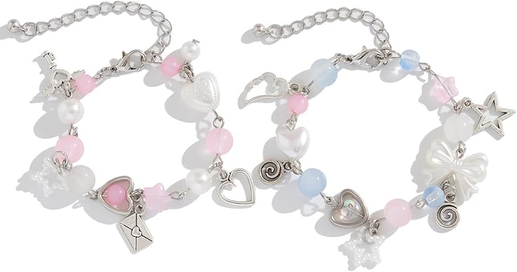 Y2K 2Pcs Aesthetic Star Heart Imitation Pearl Beaded Adjustable Bracelet Set Grunge Punk Cool Couple Friendship Matching Vintage Accessories Kawaii Jewelry for Women