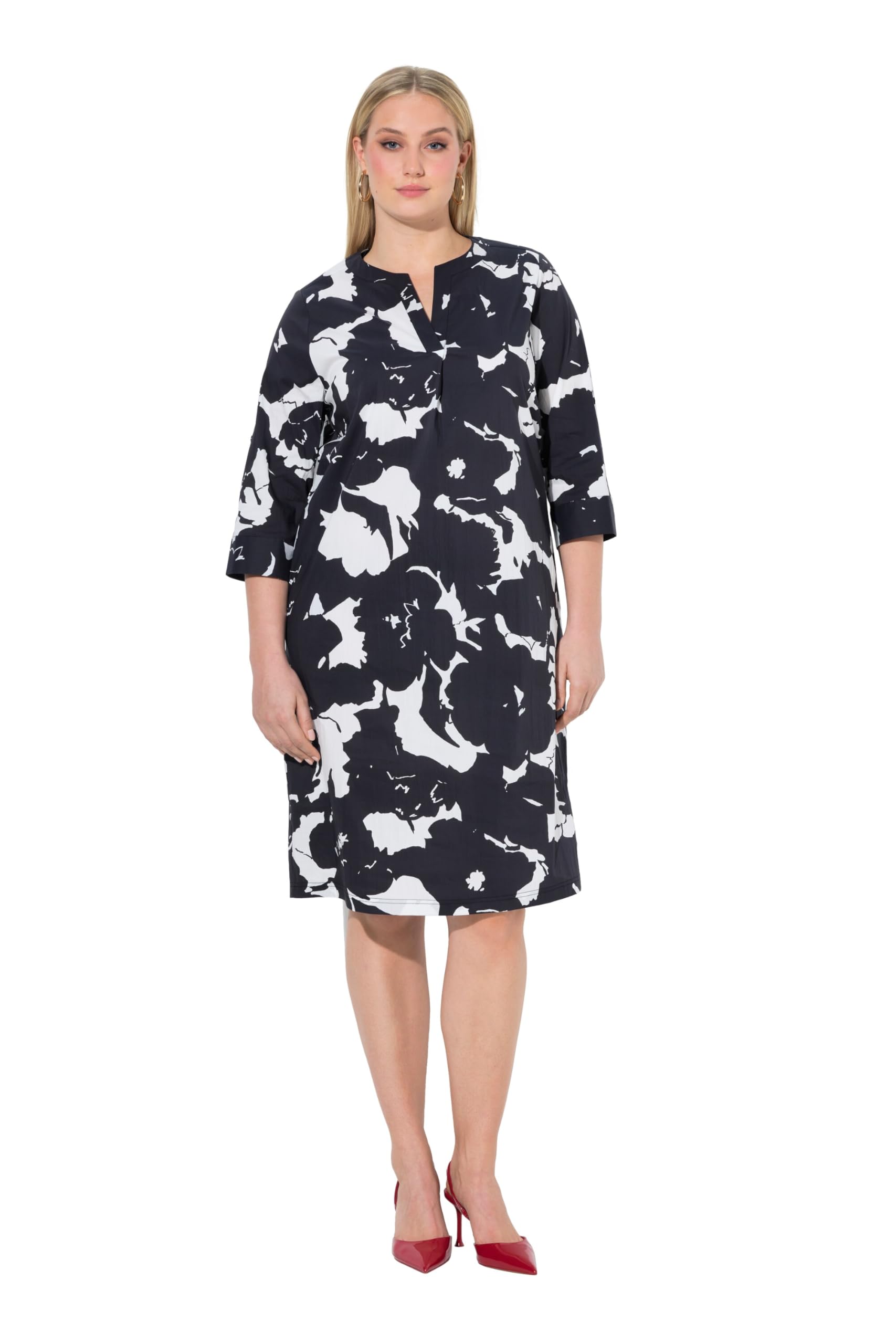 Ulla Popken Damen große Größen Übergrößen Plus Size Tunika-Kleid, Blüten, Tunika-Ausschnitt, 3/4-Arm 848061