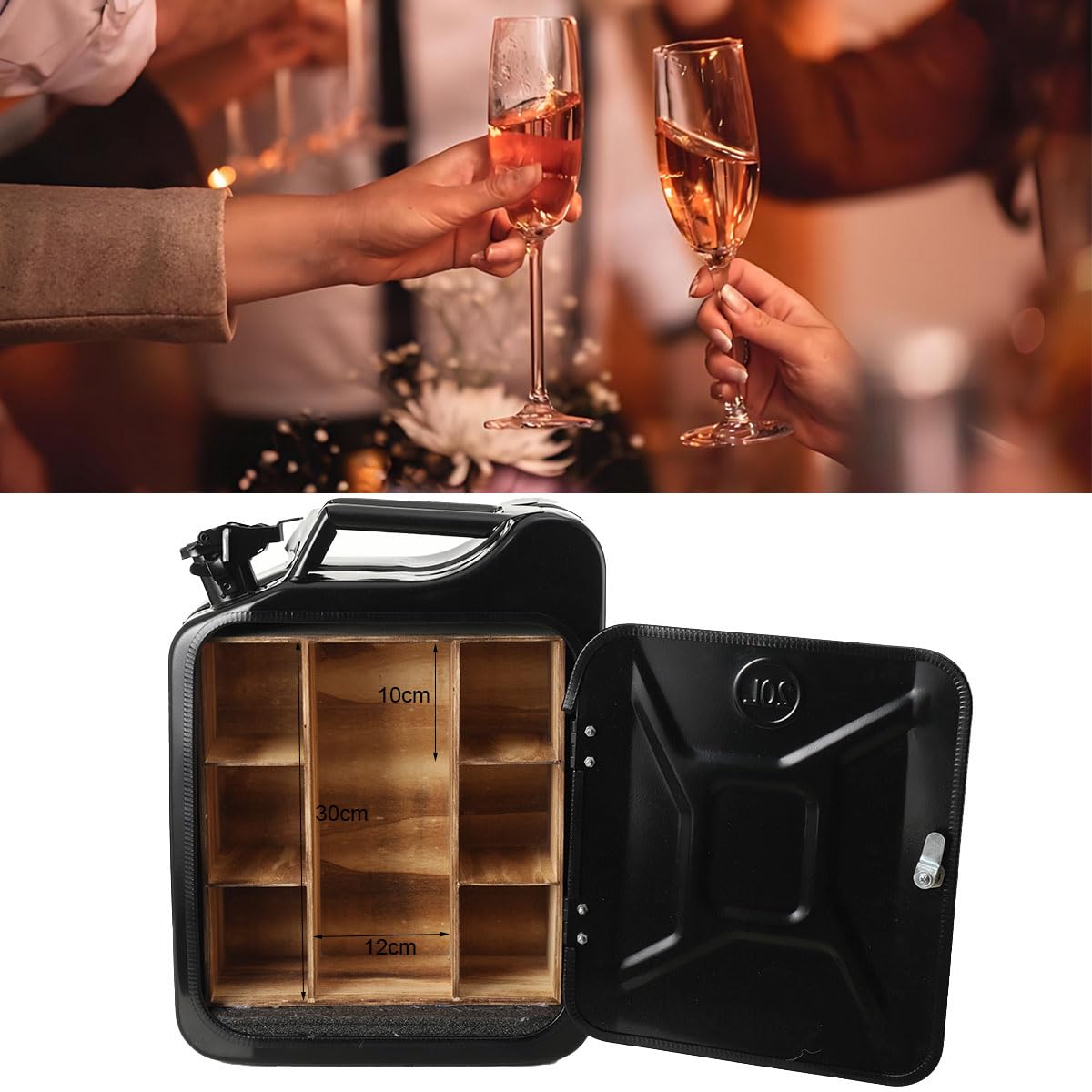 20L Kanister Bar, Männer, Abschließbare Minibar - Jerrycan 4 Fächern schwarzer Metall Mobile Bar Geburtstagsgeschenk für Männer, Abschließbarer Minibar - 34x46x16cm