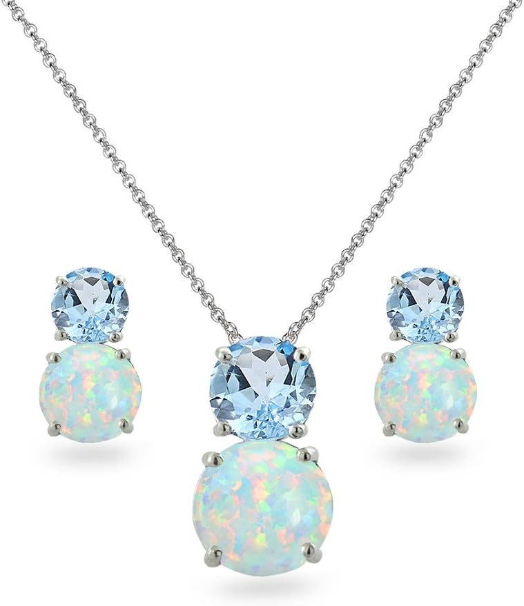 B. BRILLIANT Opal Necklace and Earrings Jewelry Set for Women or Bridesmaids, Genuine, Simulated or Created Gem & Opal Double Round Stones, .925 Sterling Silver Sets With Gift Box