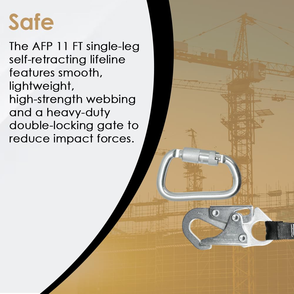 AFP Demon 11 FT Single Leg Self-Retracting Lifeline Web Lanyard Retractable | Steel Locking Snap Hook | Safety Yoyo | Fall Protection Arrest Limiter | Construction Industrial | OSHA & ANSI Rated SRL