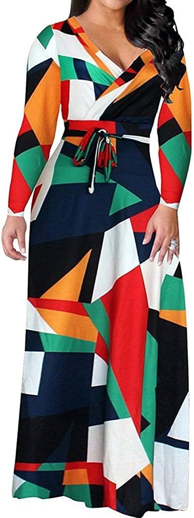 Locryz Women's V Neck 3/4 Sleeve African Floral Printed Party Loose Long Maxi Dress with Belt