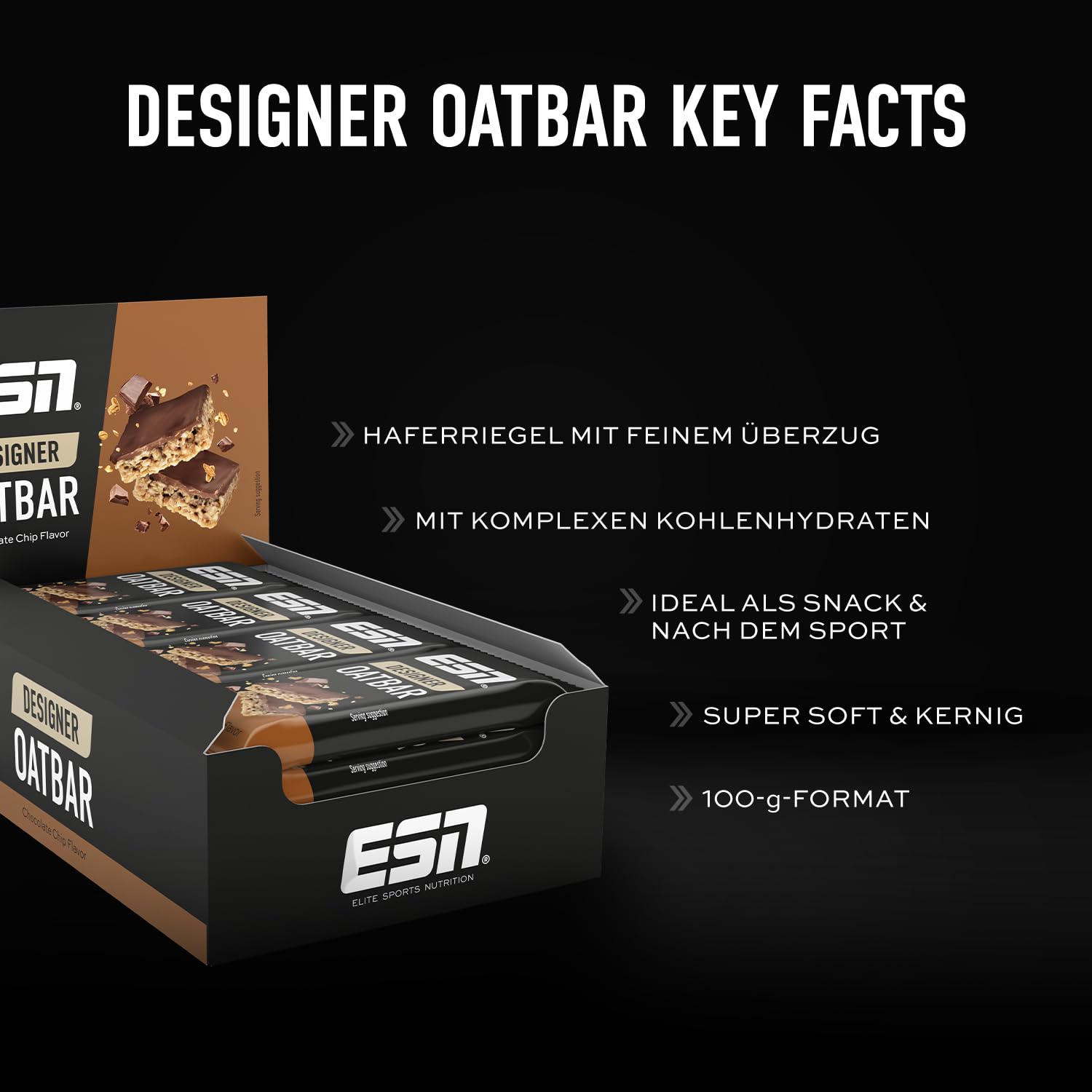 ESN Designer Oat Bar Box, Chocolate Chip V2, 12 x 100 g, Hafer Riegel auf Haferbasis - perfekt für unterwegs