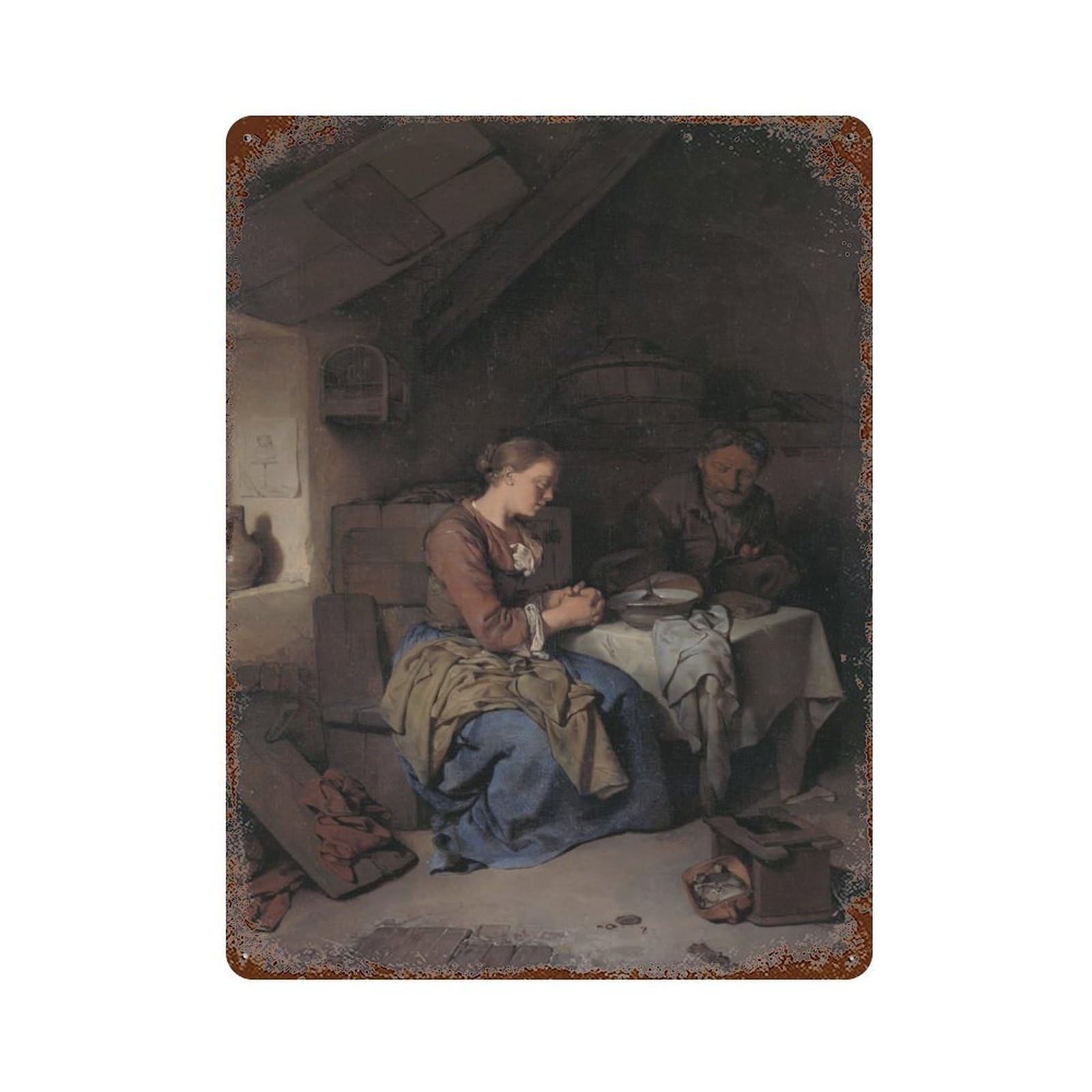 Aged Metal Wall Plaque with Couple Praying in A Humble Home Design 15.7"x11.8", for Cafe, Home Bar And Lounge Decor, Novelty Wall Decor