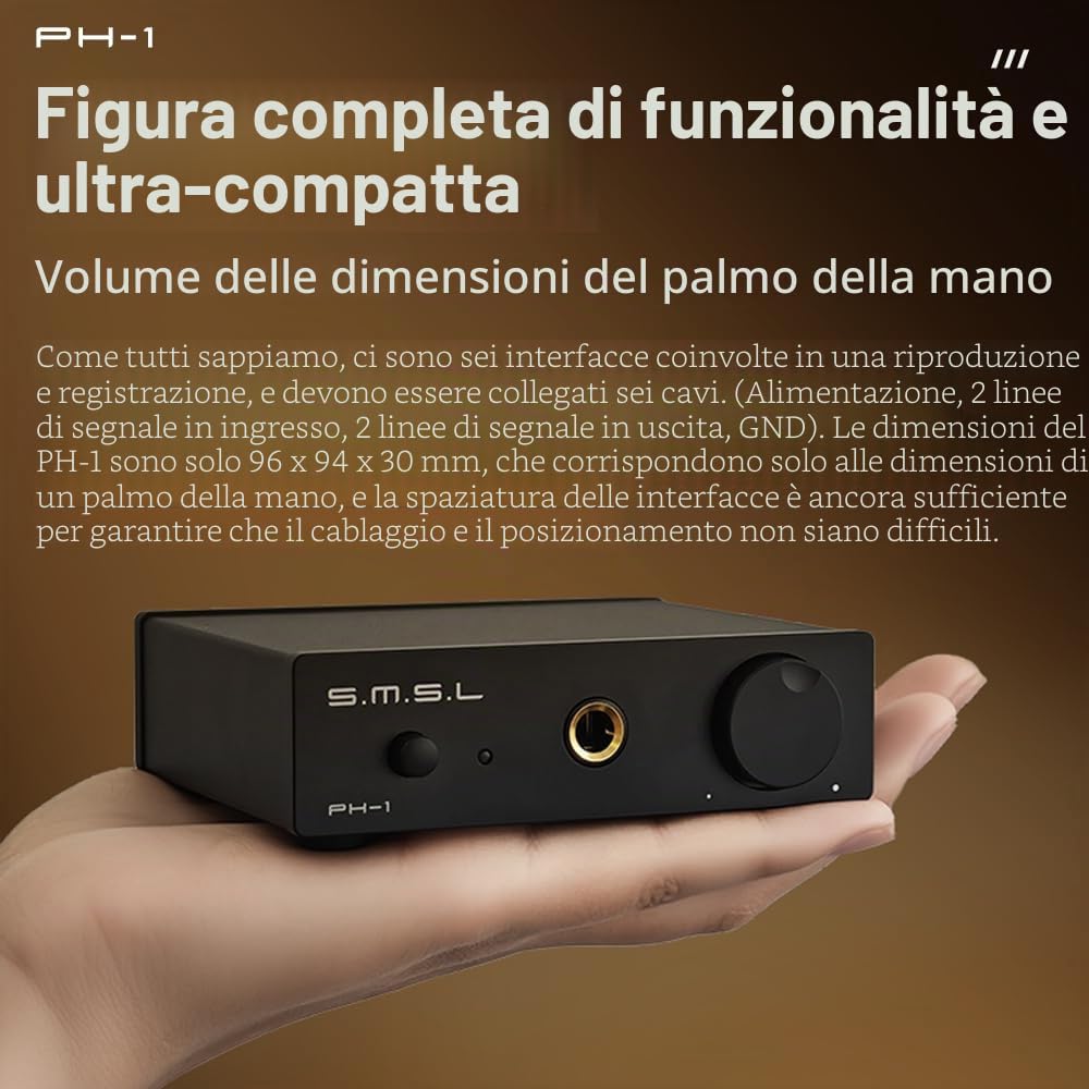 S.M.S.L PH-1 Amplificatore phono MM ad alta fedeltà guadagno oro 46dB SNR 84dB THD+N 0,008% jack per cuffie 6,35 mm Amplificatore ad alta risoluzione RCA ingresso/uscita volume palmare singolo MM AMP