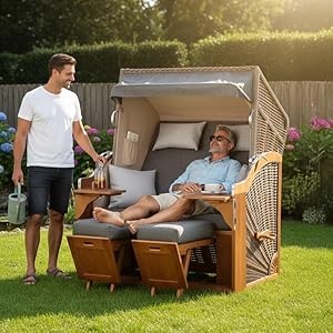 MR. DEKO® Strandkorb Schleswig Pinie Volllieger | Strandstuhl Liegestuhl Pinienholz | PE Geflecht Mokka | Dessin 558 inkl. 4 Kissen | Strandkörbe aus Pinie für Garten, Wintergarten und Terrasse