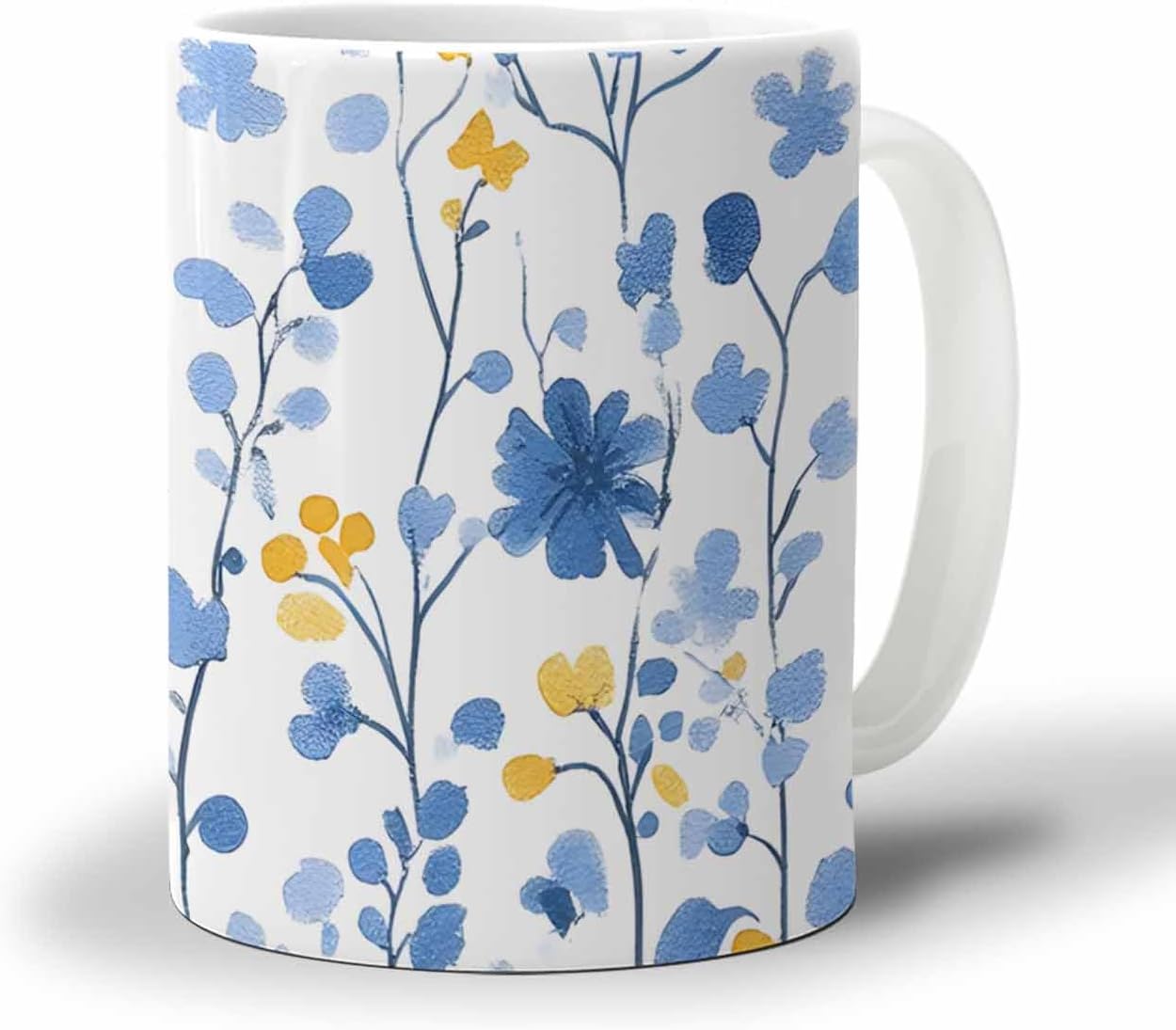 BEMIGO Ceramic Coffee Mug Blue Yellow Flowers Ceramic Mug White Cup, Spring Wildflowers Leaf Insulated Coffee Cup with Handle with Pattern Perfect for Tea and Hot Beverages, 12oz