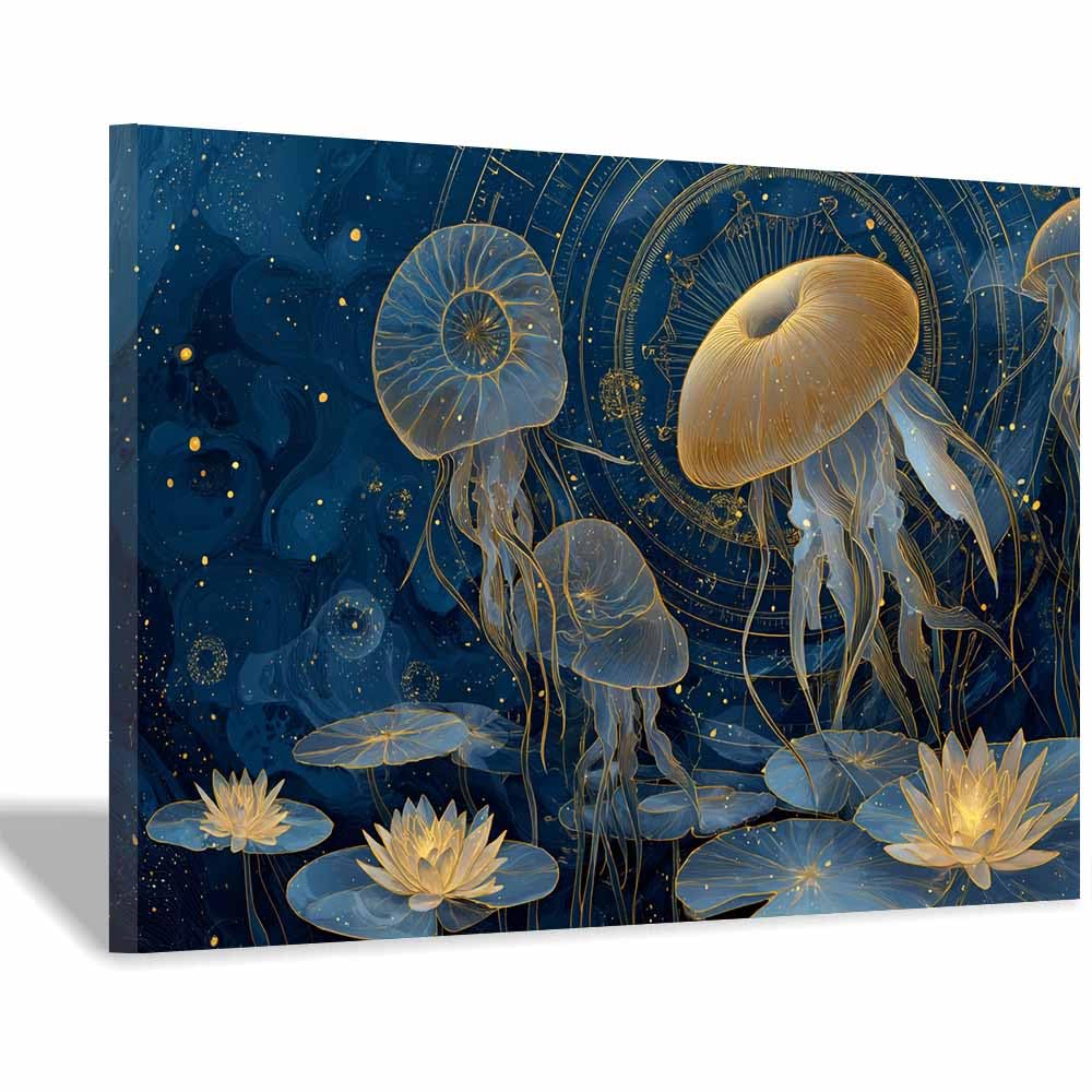HUYEEI at Sea Ocean Painting Jellyfishs Seascape Wall Pictures Modern for Bedroom Office Decoration Room Home Decor Works(blue)-70x100cm Framed