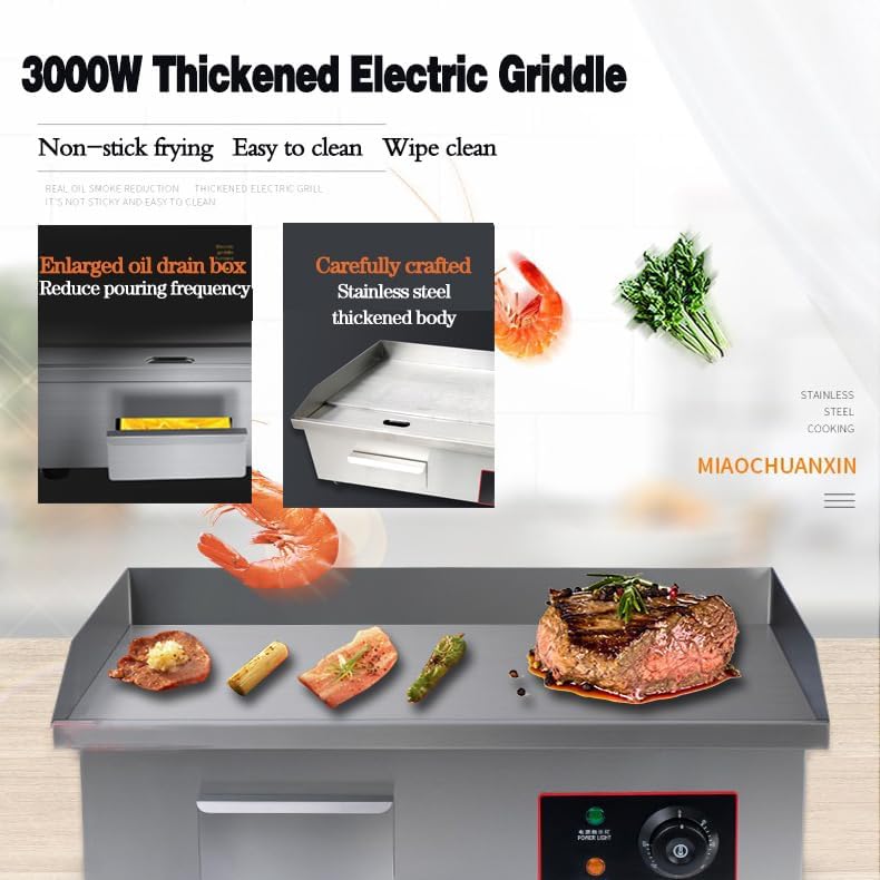 Miniatura 2 de Treliamd Plancha eléctrica, parrilla de encimera comercial, Teppanyaki de acero inoxidable con placa de cocción de hierro antiadherente, control de