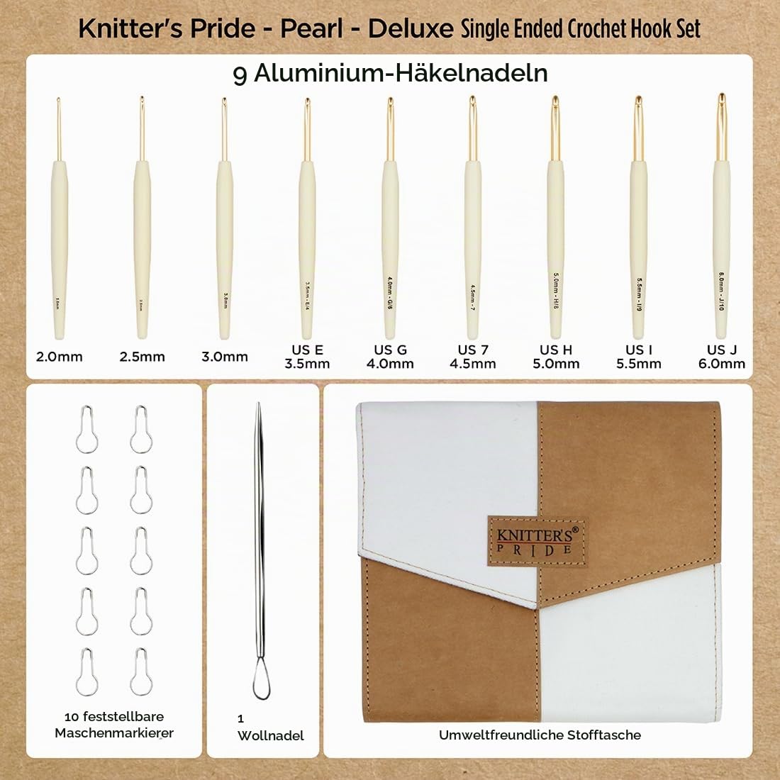 Knitter’s Pride Pearl Deluxe Aluminium Häkelnadel-Set – 9 Größen