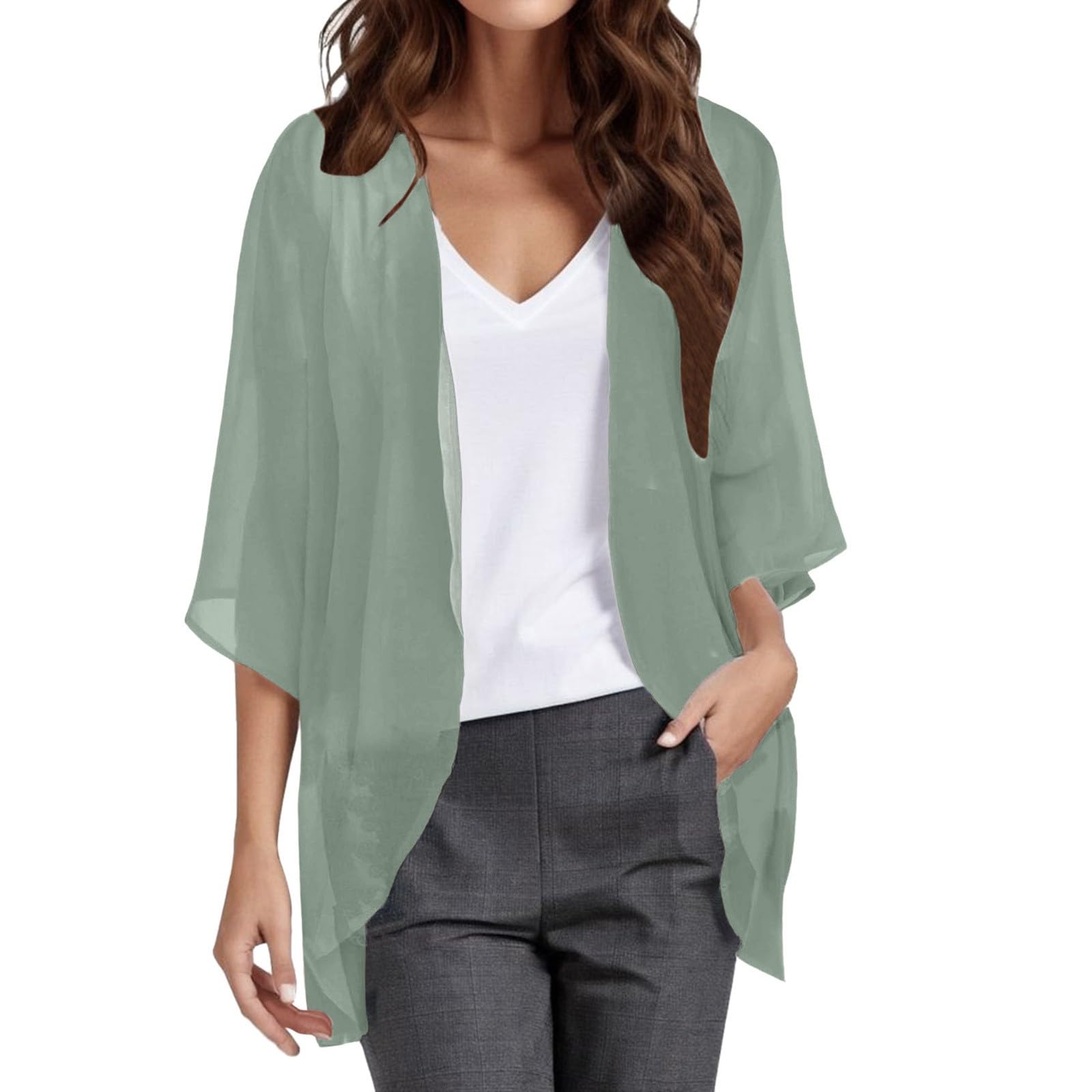NKPUYT Kimono de gasa para mujer, manga 3/4, cubierta de bikini de un solo color, chaqueta de punto ligera para la playa, poncho de playa, poncho de playa, transparente, chaqueta de verano