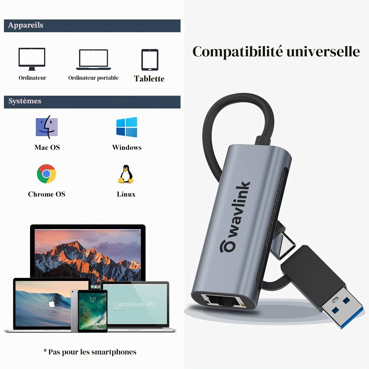 WAVLINK Adaptateur USB vers Ethernet 2.5G 2500Mbps Thunderbolt 3 USB C RJ45