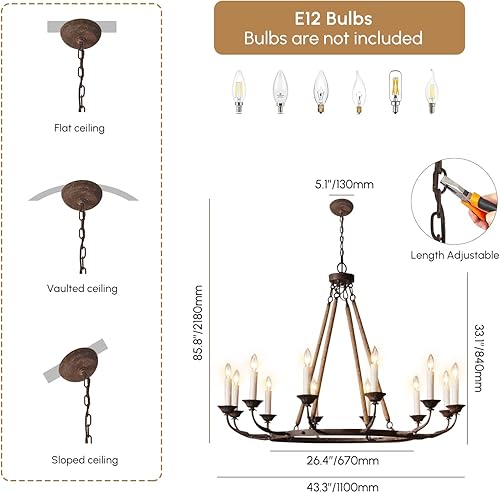 Miniatura 6 de LOVEDIMA Vintage Chandeliers for Dining Room 12-Light Ceiling Light Fixture Flaxen Hemp Rope and Metal Rustic Round Candelabra Chandelier in Rust