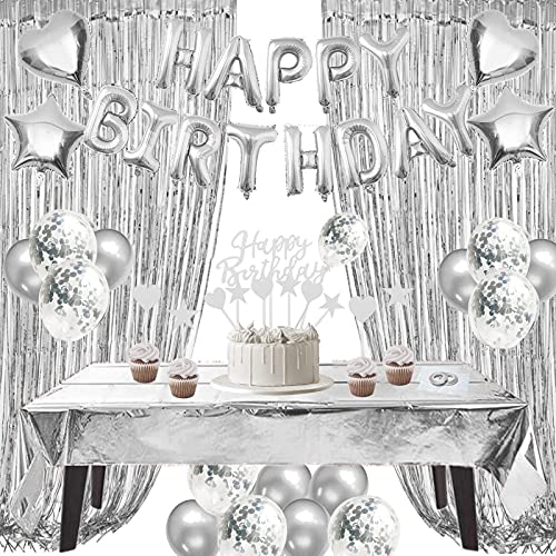 ZERODECO Birthday Decorations Silver, Foil Happy Birthday Balloon Banner Tablecloth Fringe Shiny Curtains Cake Flag Star and Heart Balloons Confetti Latex Balloons for Birthday Party