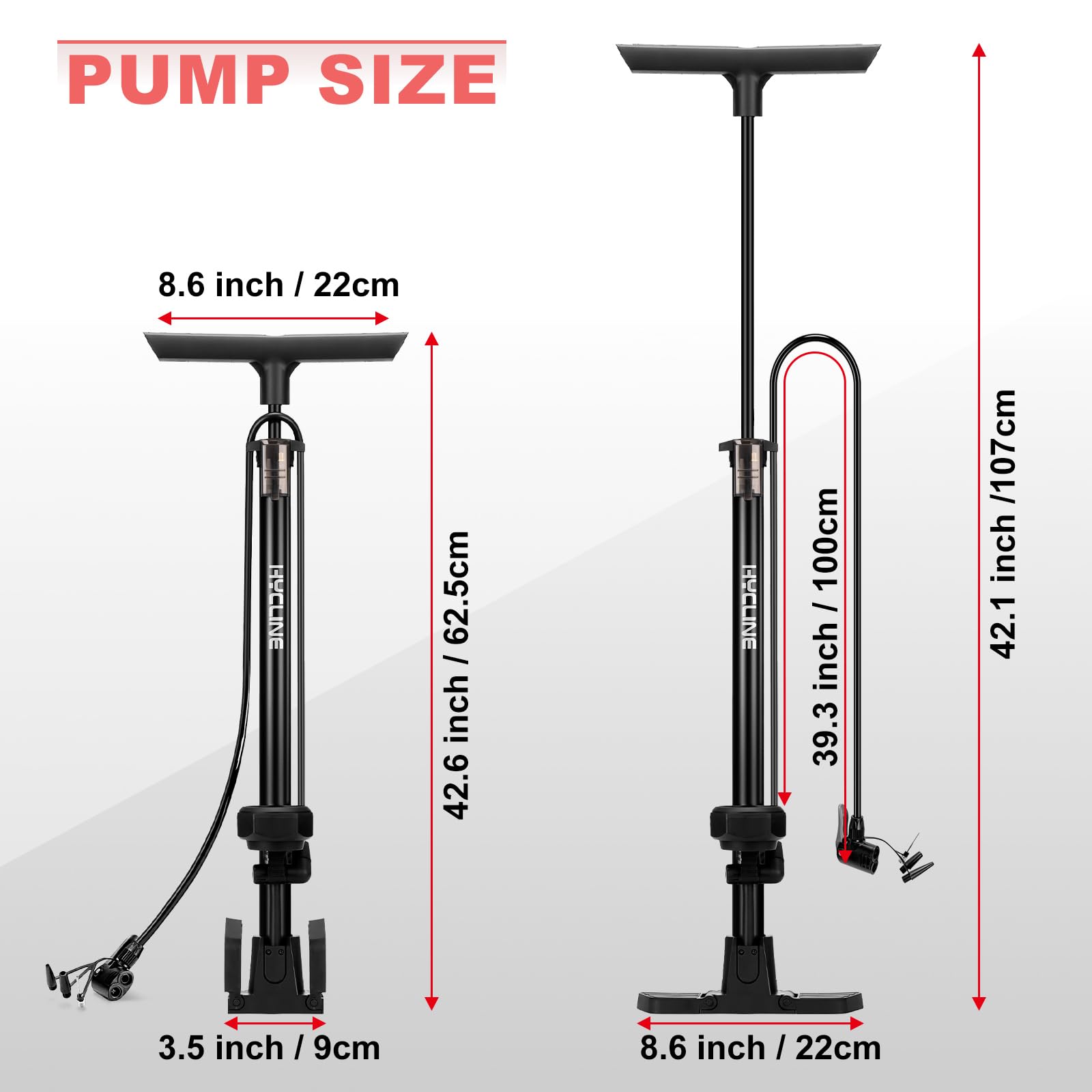 Hycline Bike Floor Pump with Gauge: Full Size 43inch 160 PSI High Pressure Bicycle Pumps - Durable Air Pump Fits Presta & Schrader Valve - Inflator for Road MTB Tire, Ball, Balloon, Inflatables
