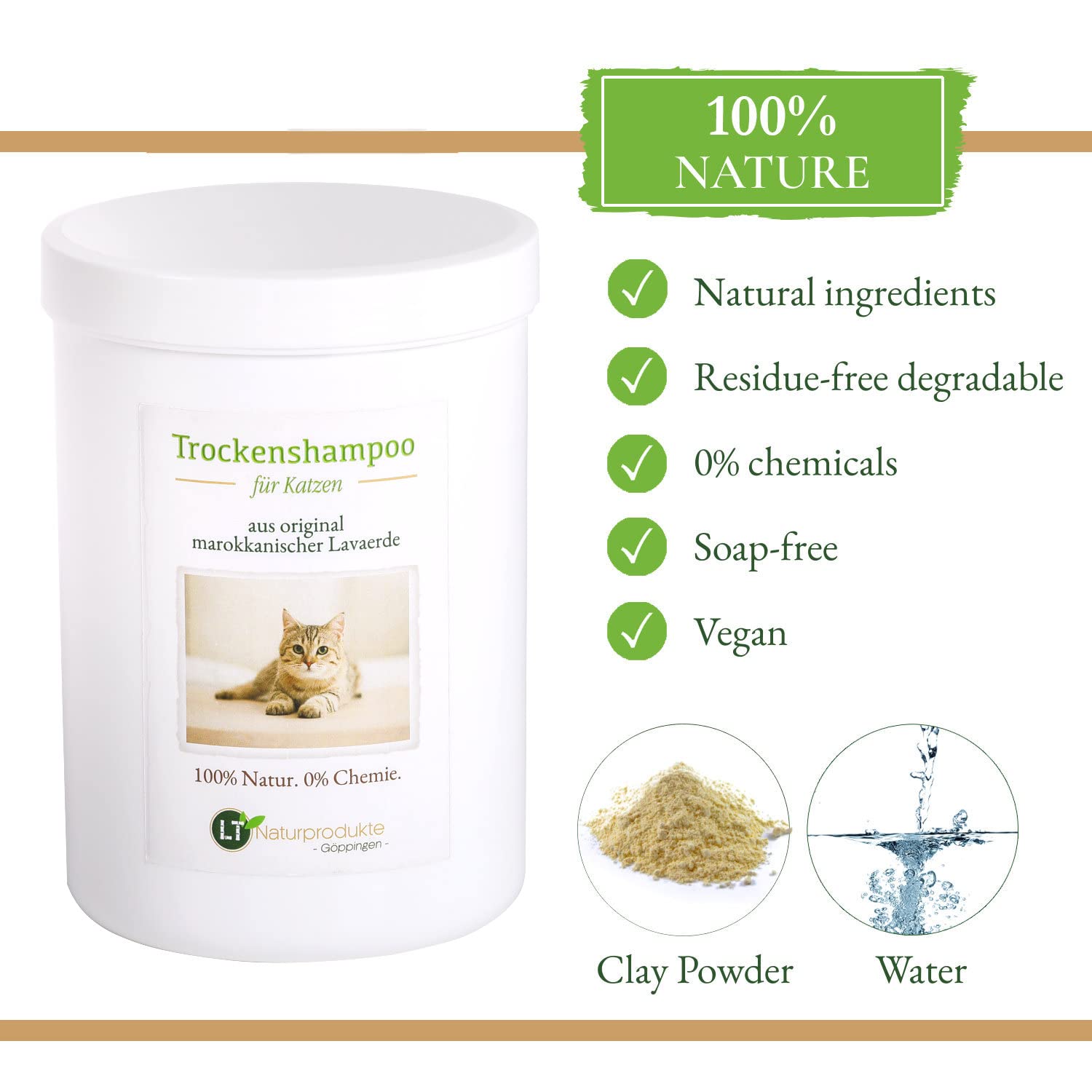 Champú seco para Gatos, con Polvo de Arcilla Original marroquí | Vegano y Bio | para el Cuidado del Pelo sin químicos | 800 g