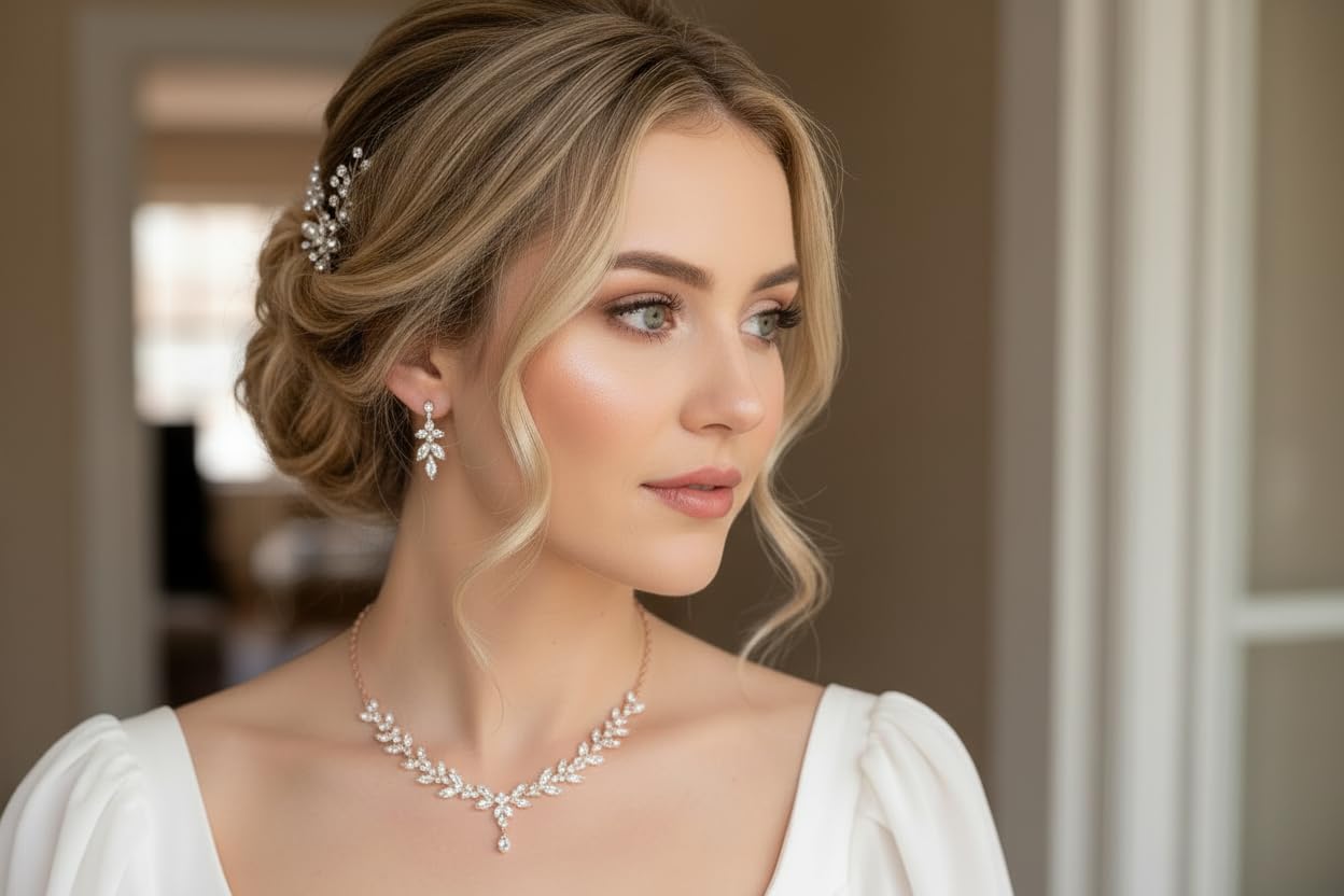 Zirkonia Brautschmuck Schmuckset Roségold – Collier, Ohrringe & Armband – edler Brautschmuck für Hochzeit, Ball & festliche Anlässe