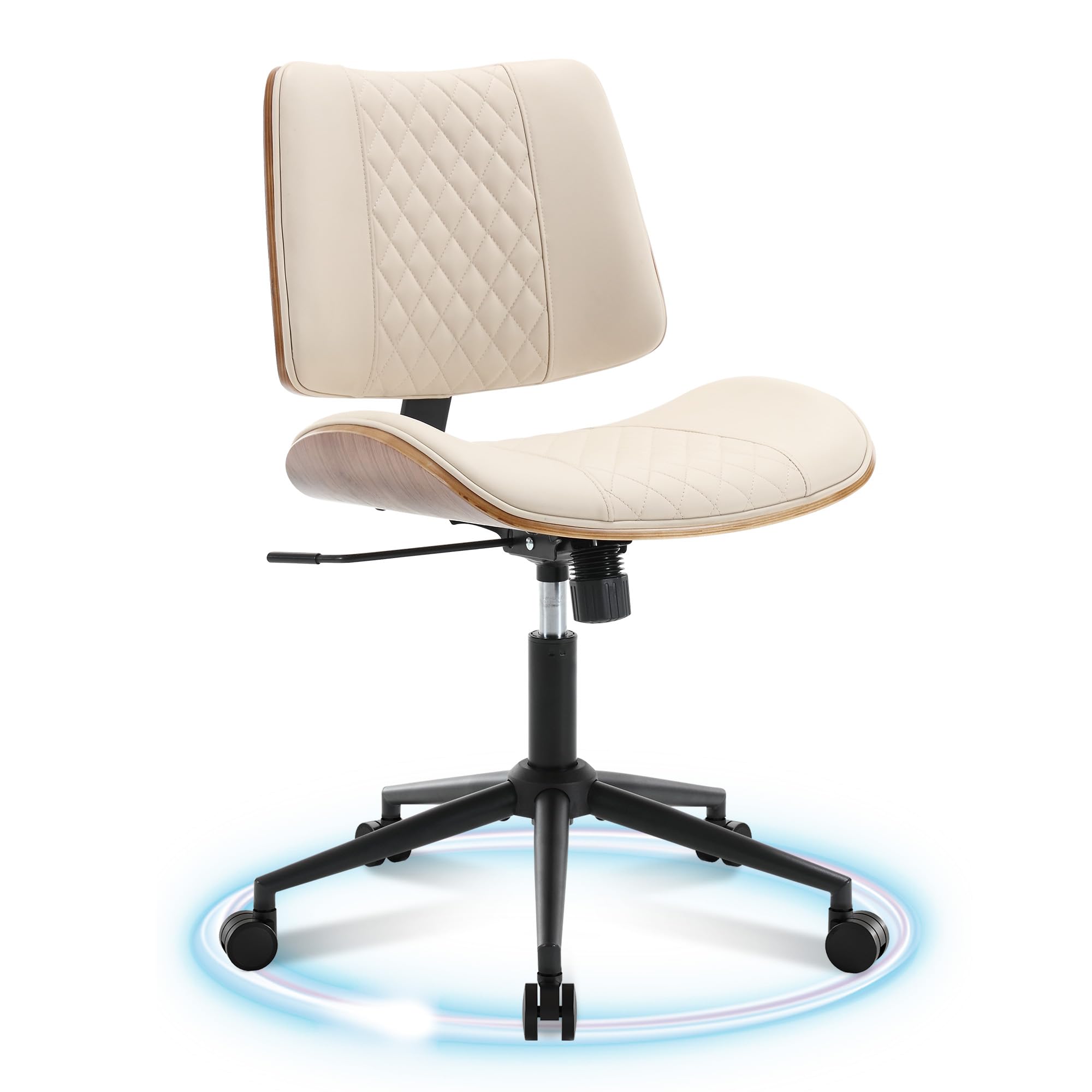 Bürostuhl ohne Armlehne Schreibtischstuhl Leder Holz Modern Homeoffice Chair Wippfunktion bis 136 kg Belastbar Höhenverstellbar 360° Drehstuhl für Arbeitszimmer Schlafzimmer Heimbüro Beige