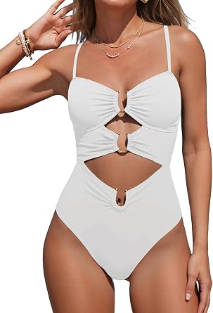 Fanuerg Women One Piece Swimsuit Ring Linked Swim Bathing Suit Sexy Cut Out Monokini Swimwear