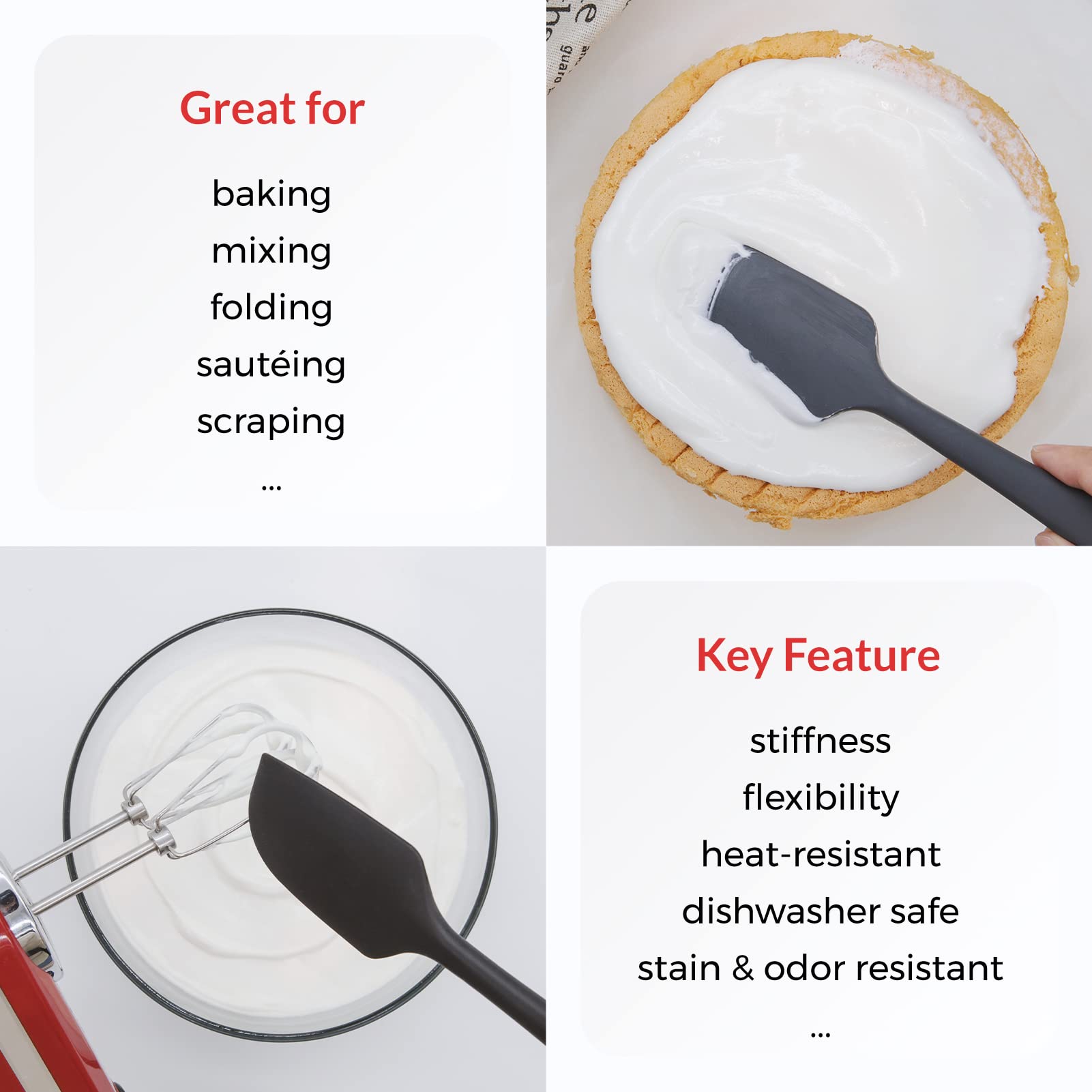 Elihome Chef Series - Juego de espátulas de silicona de 3 piezas, resistentes al calor, antiadherentes, espátulas para cocinar, hornear, mezclar, sin BPA y silicona certificada LFGB (negro)
