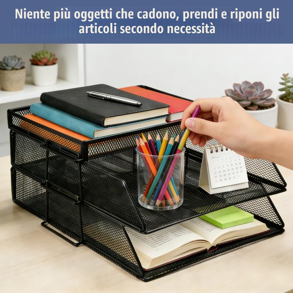 Vassoi per Lettere Impilabili a 2 Ripiani Organizzatore da Scrivania in Rete Metallica Vassoio per Documenti per Ufficio Nero Portadocumenti da Scrivania in Metallo per Ufficio Casa e Scuola