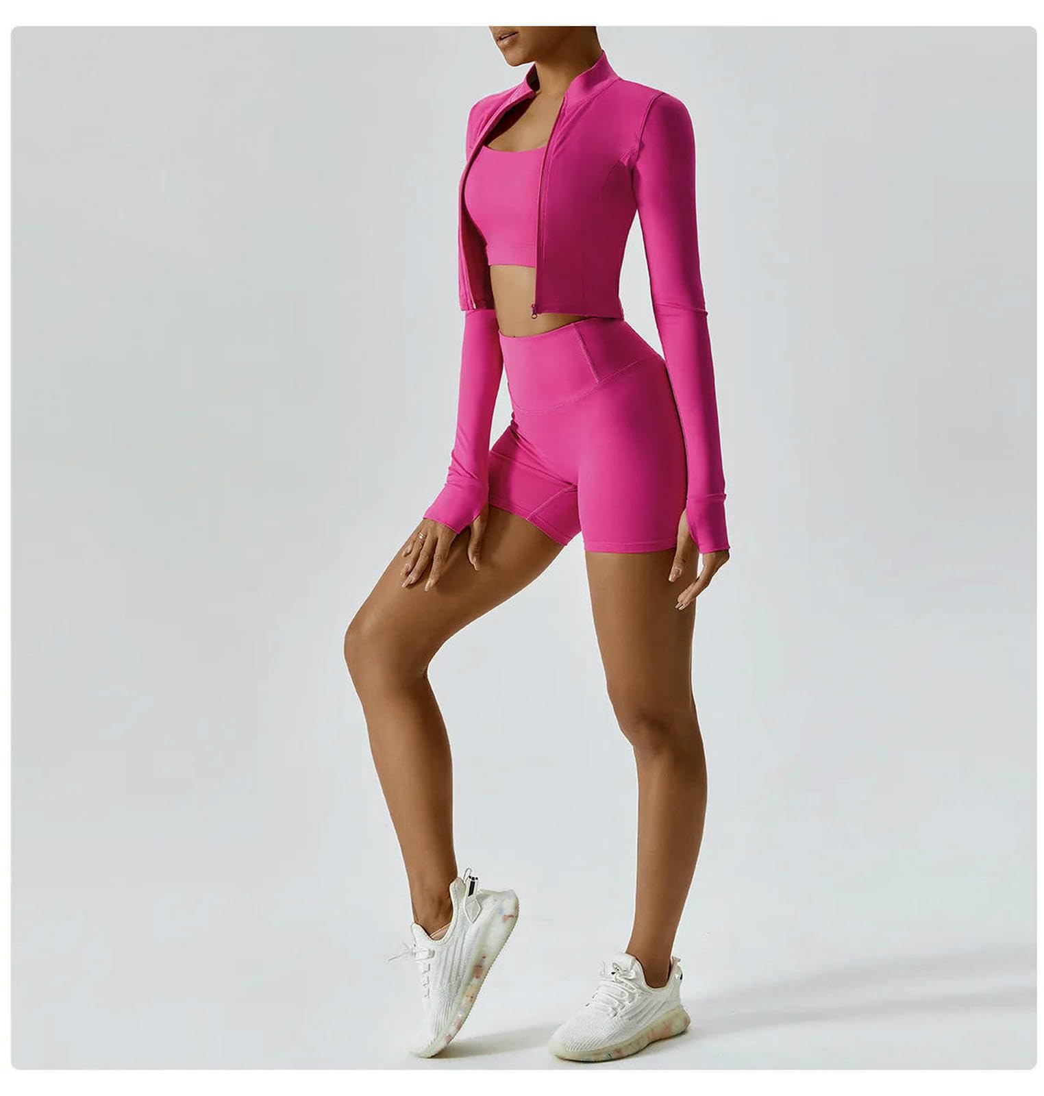 Shapewear 3pcs Yoga Set Women Workout Sets Sportswear Fitness Zipper Long Sleeve Leggings High Waist Sports Suits-jiaocha Coffee_a-m