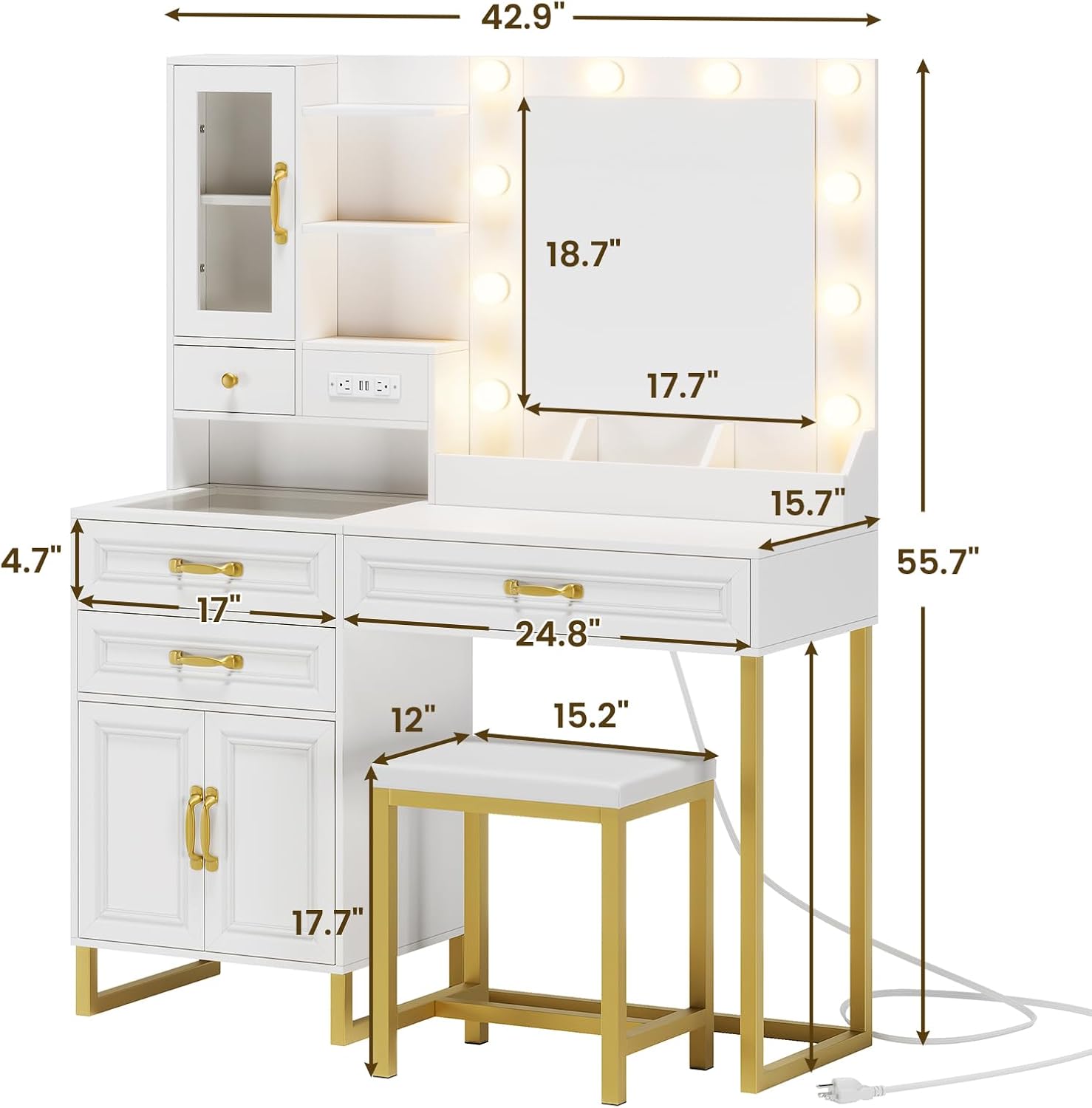 Vanity Desk with Mirror & Lights, Upholstered Stool & Power Outlet, Makeup Vanity Set with Glass Top Drawers, Shelves & Cabinets, Modern White & Gold
