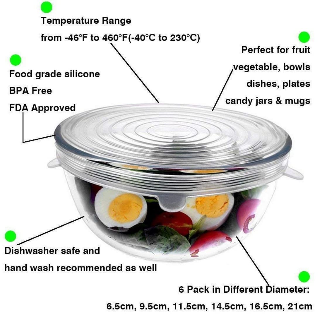 Orbica Stretchable Silicone Reusable Lid for Utensils, Bowls, Dishes,Plates Jars, Cans, Mugs, Food Flexible Microwave Safe Covers 6 Pcs, Random Color 2