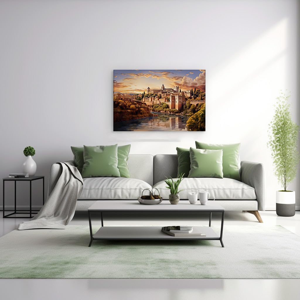 Canvas for Living room. Alhambra's Serene Splendor: A Riverbank City under a Lustrous Sky, 27 x 18 inch Canvas Wall Art - Contemporary Masterpieces - Modern Home Decor