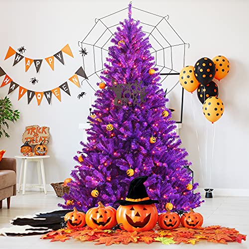 Goplus 7Ft Artificial Purple Christmas Tree, Pre-Lit Halloween Tree W/ 500 Orange Led Lights & Pumpkin Ornaments, Hinged Xmas Tree For Indoor Holiday Festival Use #TOP5