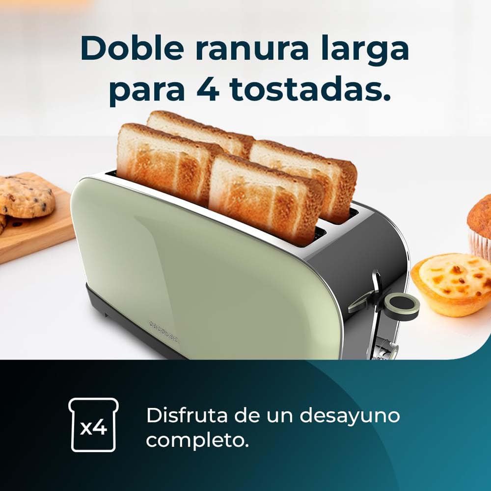 Cecotec Tostador Vertical Toastin' Time 1500 Green, 1500W, Doble ranura larga y ranura ancha 3,8cm, Varillas Superiores, Acero Inoxidable, Apagado y Pop-up Automático, Recogemigas — view 4