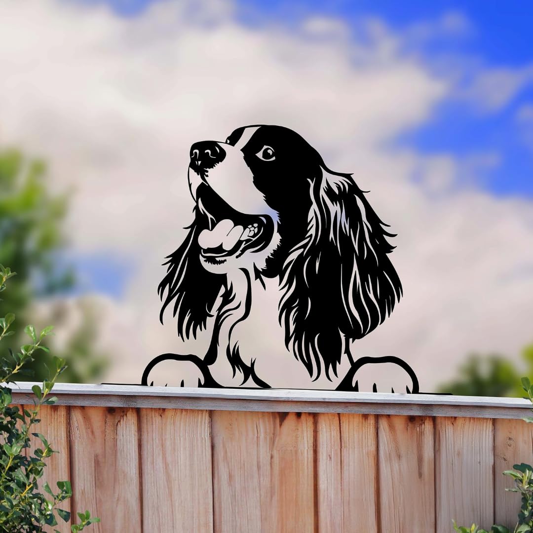 Betley Butterfly Peeking Spaniel Dog Fence Topper, Black Metal Silhouette, 25 x 32cm Cute Puppy Garden Wall Art Decoration, Gifts for Dog Lovers