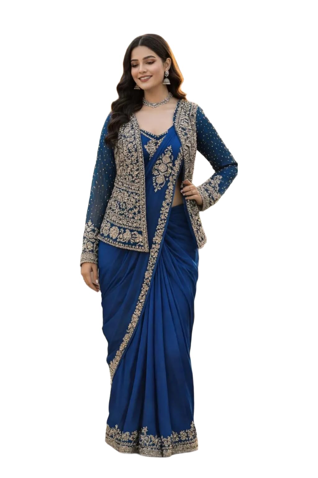 Ready to Wear Saree for Women with Embroidered Jacket Koti Blouse and Belt Heavy Crepe Silk Pre Stitched Saree with Sequins Lace and Cording Work-image-24