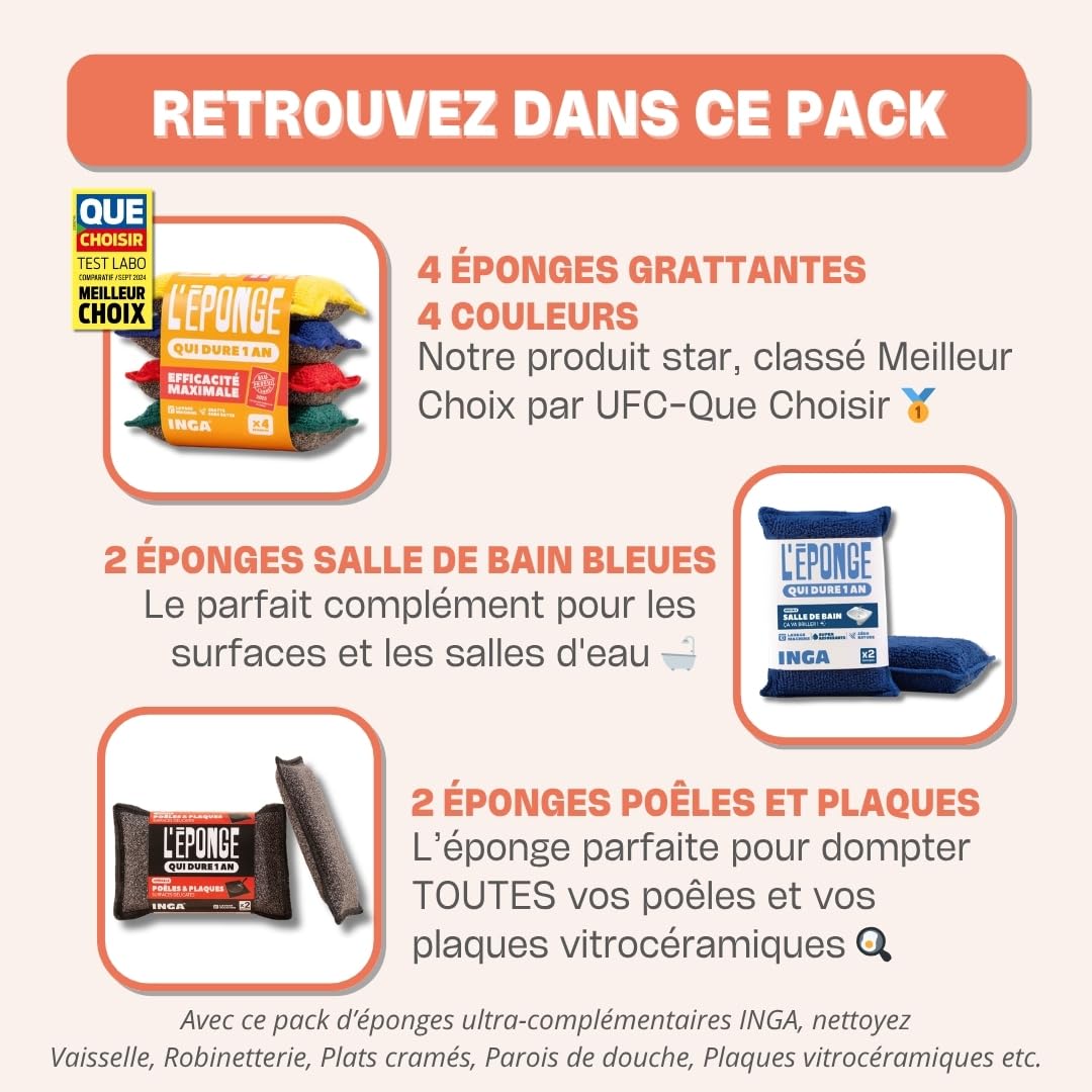 INGA - Kit Ménage Complet : 8 Éponges Lavables Multi-Usages : 4 Grattantes + 2 Salle de Bain + 2 Poêles & Plaques - Une Éponge pour chaque Usage - Ultra Efficaces et Réutilisables - Fabriqué en Europe