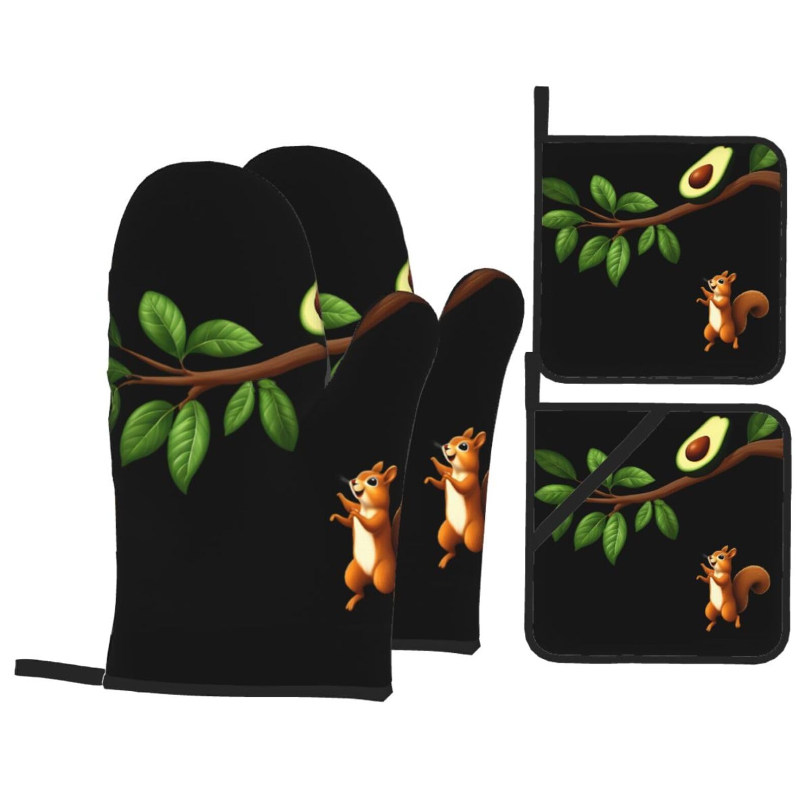 YYHWHJDE Squirrel Meets Avocado Printed Kitchen Baking Set of 4 Thick Insulated Oven Mitt & Pot Holders, Anti-Scalding for Microwave, Oven, Outdoor BBQ