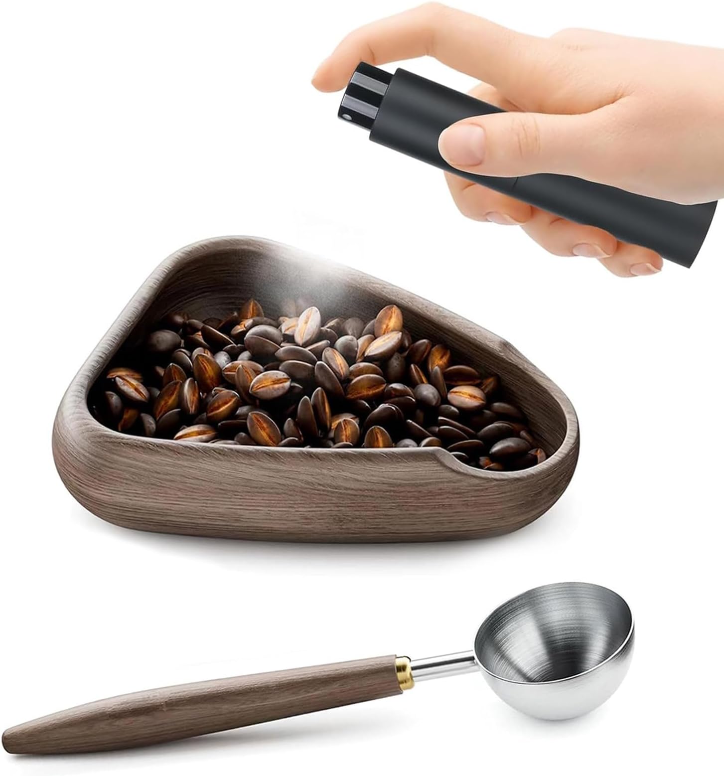 Walnut Dosing Cup with Spoon and 8ml Coffee Spray Bottle Set, Walnut Dosing Vessel, Mini Portable Spray Set for Static Reduction