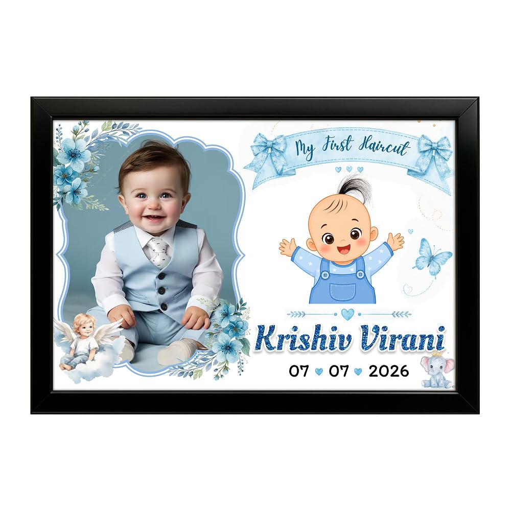 Personalized Baby Boy First Haircut Frame | Custom Name & Date Keepsake | Mundan Ceremony Gift (Baby Blue, White, Blue Floral, Blue Angel First Haircut Theme)-image-48