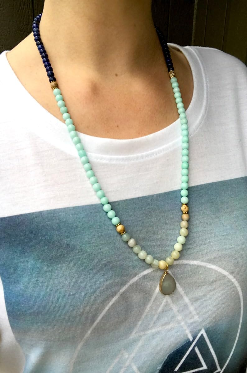 Naturalny amazonit i lapis lazuli 8 mm 108 koralików mala, duchowe, koraliki medytacyjne, Reiki, Japa Mala, buddyjskie koraliki modlitewne, bransoletka do jogi, koraliki lecznicze