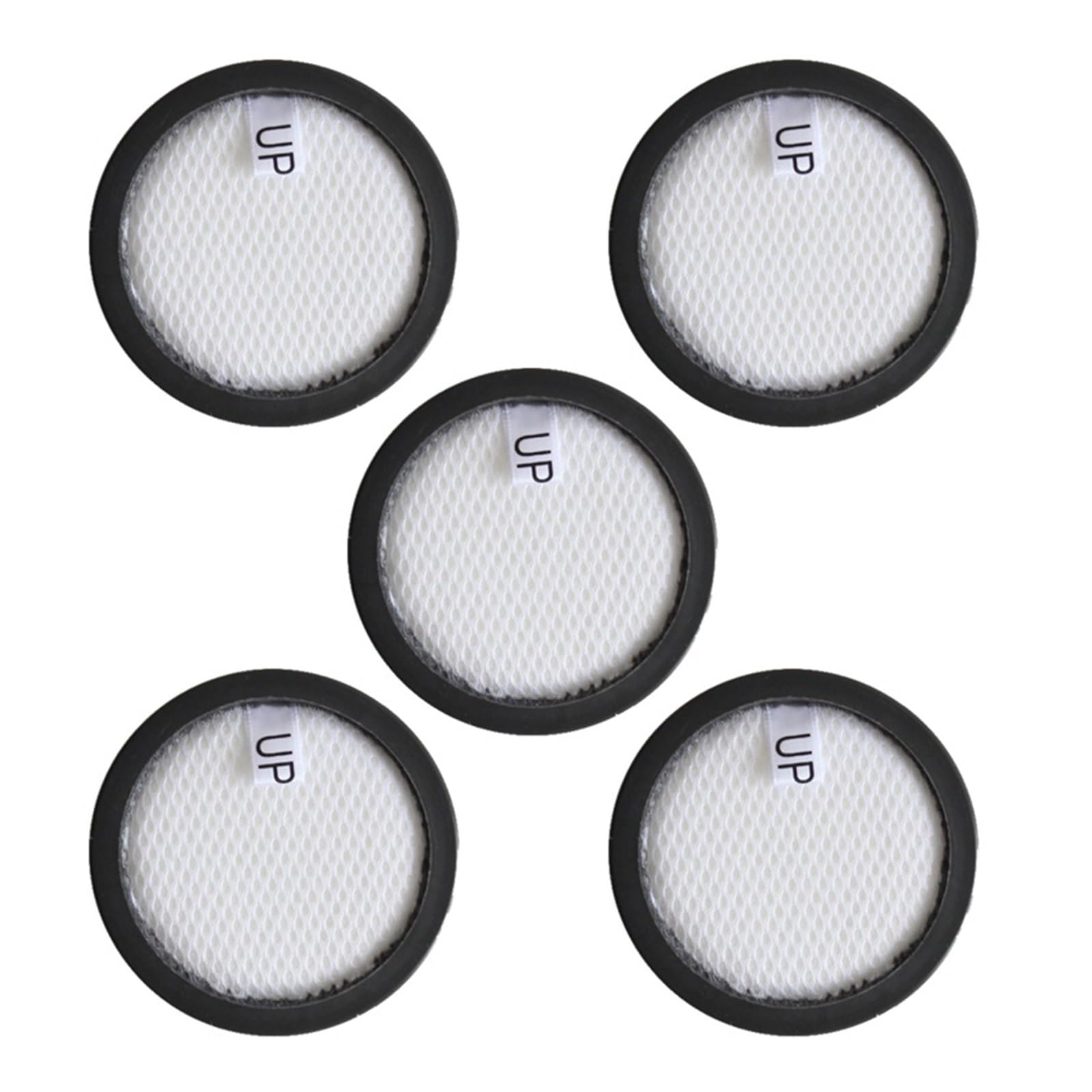 Five KAISUPJX HEPA filters for Dibea vacuum cleaners, arranged in a circular pattern.